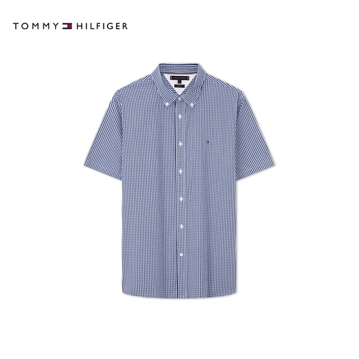 TOMMY HILFIGER【透气府绸】夏季男纯棉商务休闲复古格纹短袖衬衫外套35440 蓝白格纹C5J 2XL （推荐：180-200斤）