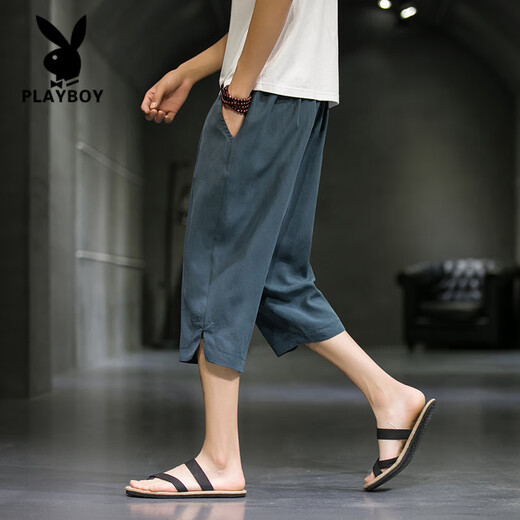 花花公子（PLAYBOY）冰丝七分休闲裤男中国风夏季薄款运动短裤大码宽松哈伦裤垂感裤子 黑色 M 100-115斤