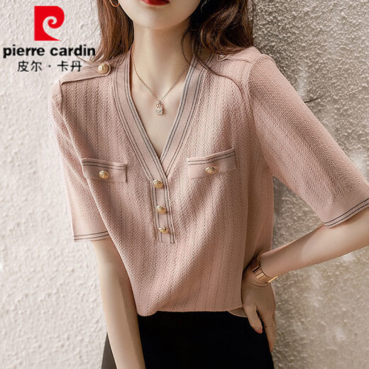皮尔卡丹小香风v领显瘦短袖女T恤减龄2025夏季女装冰丝针织衫透气薄款上衣 DX677#粉色. XL 建议135-150斤