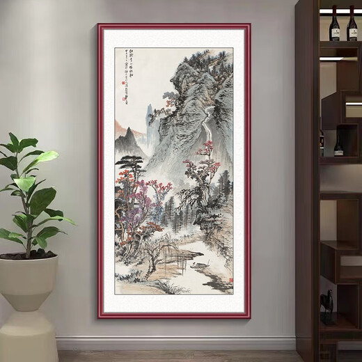 Manyu green silk ink painting landscape painting entrance door facing the entrance hall decorative painting corridor aisle wall mural vertical hanging painting without punching GB109 Huang Junbi-Smoke Valley Cloud Mountain Picture 53*103cm red walnut wood grain aluminum frame + flash silver cloth