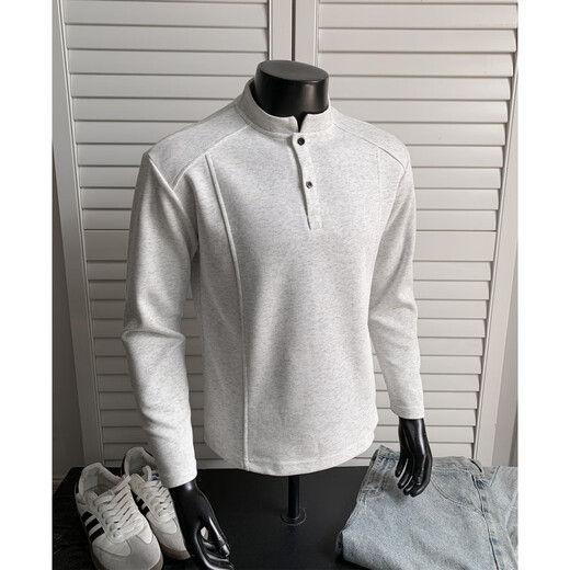 Sheman Lai Henry collar right shoulder long sleeve t-shirt for men spring and autumn splicing deconstructed casual polo shirt casual heavyweight sweatshirt for men white gray XL
