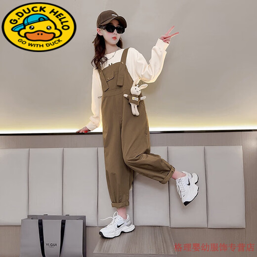 G.DUCKKIDS Girls Suit Autumn Clothing 2025 New Children's Overalls Western Style Overalls Seasonal Casual Two-piece Set Medium and Large Children's Clothing Picture Color 160 cm