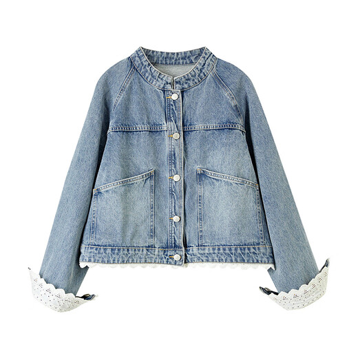 
Shangdubila [Split Contrast Color Lace] Light retro simple commuter stand collar rattle sleeves loose slim cotton denim jacket Denim blue L 110-120Jin [Jin equals 0.5 kg] Recommended choice