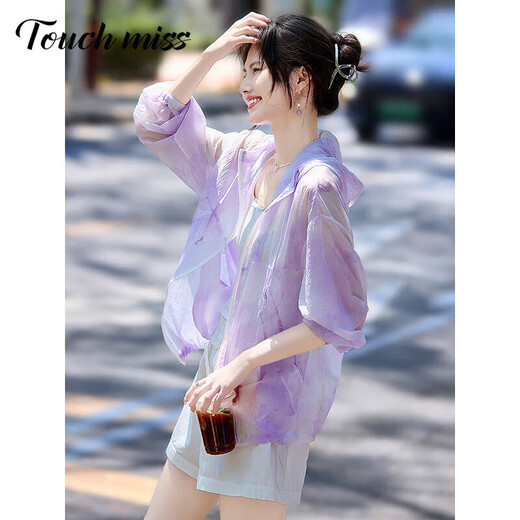 塔驰密司 TOUCH MISS时尚休闲防晒衣女2025夏季新款薄款宽松连帽长袖拉链上衣外套 紫色 M