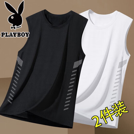 花花公子（PLAYBOY）冰丝背心男夏季潮流圆领网眼透气速干运动坎肩凉感吸汗无袖上衣 黑色+深灰/ 二件装收藏加购优先 XL (115-125斤)
