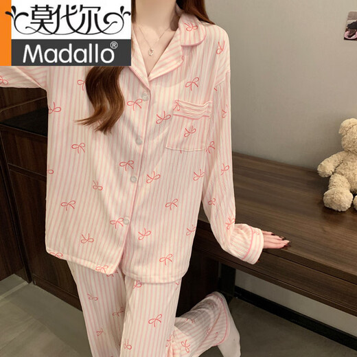 Modal Sweet Stripes Ins Korean Bow Print Sommer Neue Faltenpyjamas Frauen-Heimkleidung Kurzärmelte dreiteils Set KK3527# M [Vorgeschlagen 80-100jin [Jin ist 0,5 kg]]