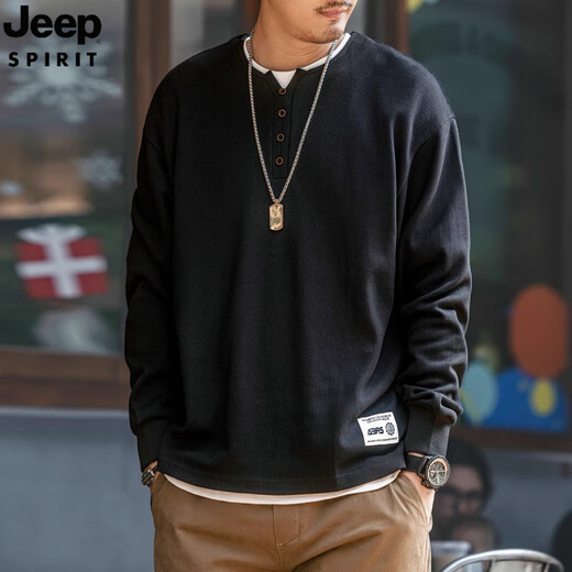 JEEP SPIRIT Jeep American Henry collar polo shirt for men in autumn pure cotton casual bottoming shirt sweatshirt for men loose long-sleeved T-shirt black L recommended 105-120Jin Jin equals 0.5 kg