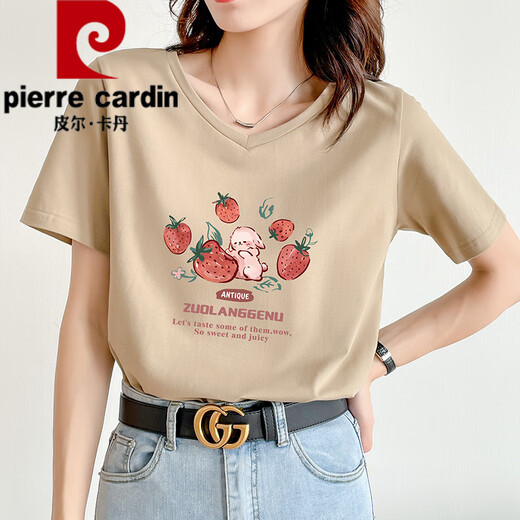 皮尔卡丹（pierre cardin）卡其色t恤女2025新款夏季短袖纯·棉正肩体·恤设计感兔子v领显瘦 卡其色 723 S