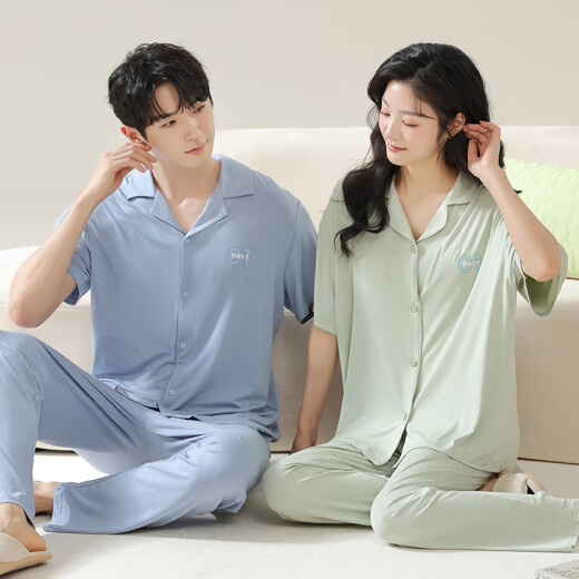 维秘艾米丽莎莫代尔情侣睡衣女春夏季款短袖长裤薄款家居服男女士开衫大码套装 N12109女N12309男 M 女