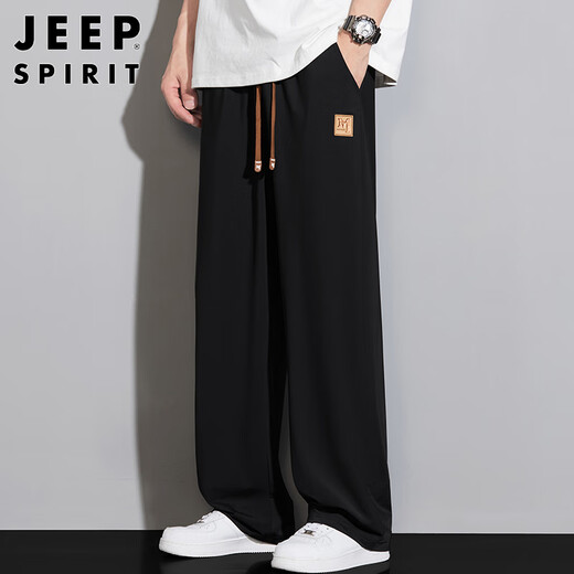 JEEP SPIRIT Jeep Straight Casual Pants Men's Summer Thin Loose Ice Silk Wide Legs Sports Trousers Black 3XL