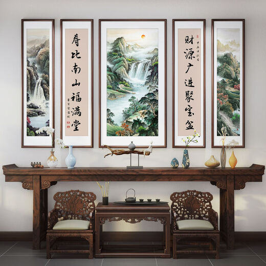 Las pinturas de Wulianzhongtang de la sala principal, la sala de estar de Villa es elegante, la casa rural de auto-construida, las pinturas de decoración del paisaje de la sala ancestral, el 70% de la elección del cliente en el medio, el medio es 12060+4 12025cmps, bordes ambientales ambientales ambientales.