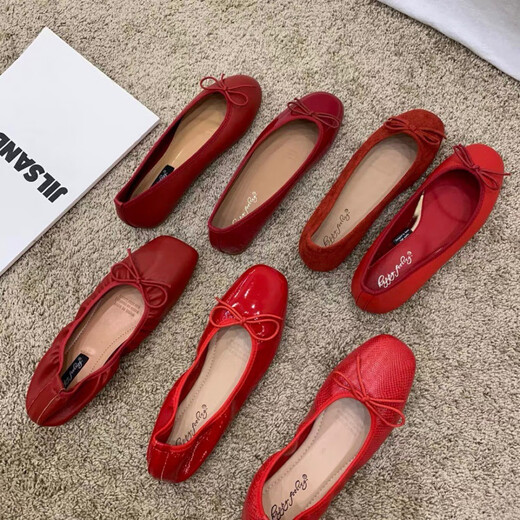 Jingpufei Bogen mit flachem Mund flacher Einzelschuhe für Frauen Ballettschuhe rot 2025 J683-4 Rot 38
