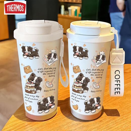 Thermos Happy Puppy Thermos (Thermos) Estudiante de acero inoxidable Café especial Café de café nuevo Copa de agua para hombres y mujeres DX1047 Bow Ink Cat + Lanyard Ceramic Inner Inner