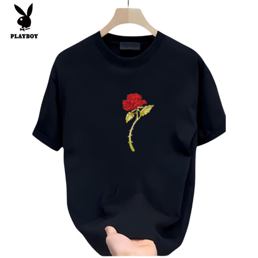 花花公子（PLAYBOY）情侣短袖T恤潮牌印花纯棉宽松百搭夏装 黑色【前大图K1049 单朵红玫瑰花 S 建议90-100斤
