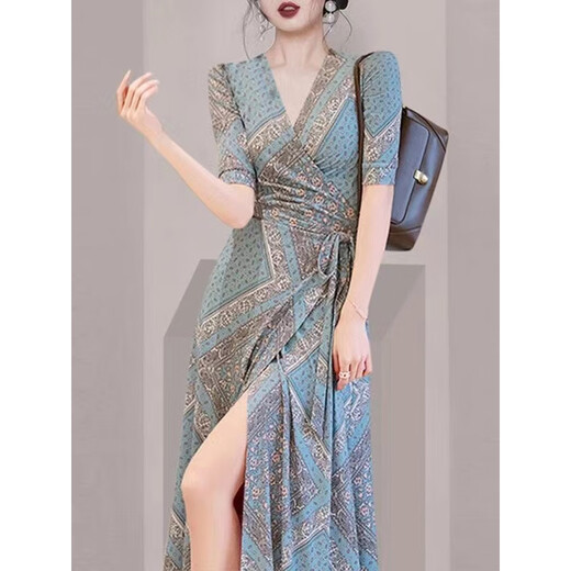 Gulan Dilly tall women's clothing 170-175 set lady temperament skirt goddess style V-neck dress women 2025 3519 black plum blossom S [normal delivery]