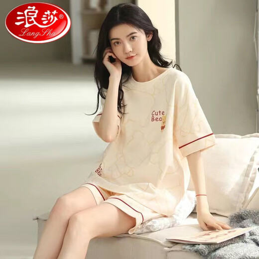 浪莎（LangSha）汕头品牌睡衣女士夏纯棉短袖七分裤可外穿甜美休闲家居服套装 9892 M 【建议75-90斤穿】
