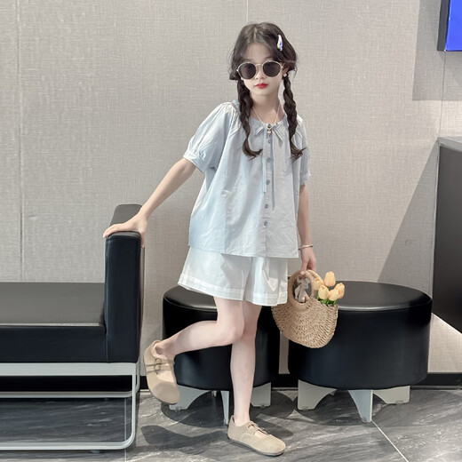 MOKITOUL女童夏季套装2025新款儿童洋气娃娃衫夏装女大童短裤衬衫两件套潮 蓝色套装（高端礼盒包装） 120 cm