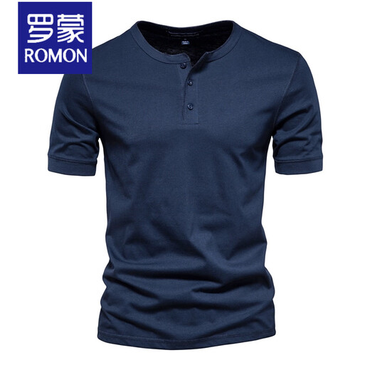 ROMON round neck t-shirt men's henley shirt short-sleeved army green heavyweight American slim retro bottoming shirt small white t half-sleeved T-shirt navy blue M (weight 130-145Jin Jin equals 0.5 kg)