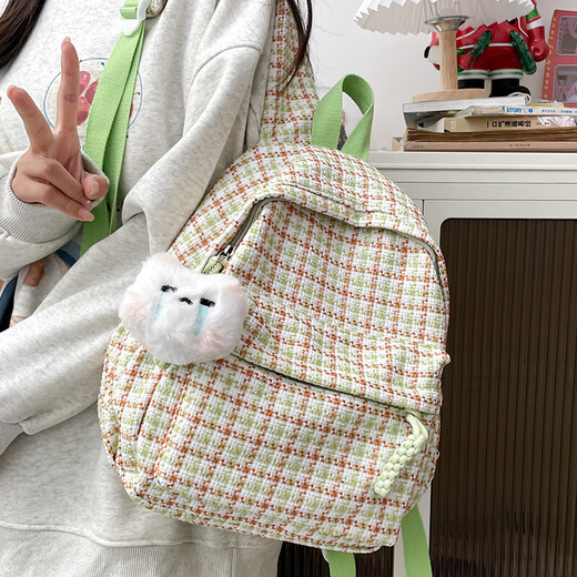 日系ins格子书包女生新款小众可爱背包大学生休闲百搭旅行双肩包 浅黄色 加挂件