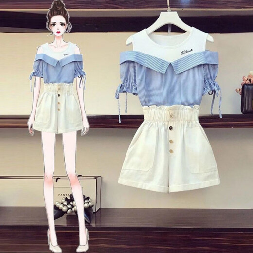 Opeodly Single/Gran tamaño Summer Summer NUEVO estilo de estilo Ade. Reductor de edad de altura que se acumula altas con la cintura alta de las piernas anchas altas de dos piezas 684 Top de rayas azules (pieza única) L Recomendado 103-120Jin [Jin iguala 0.5 kg]