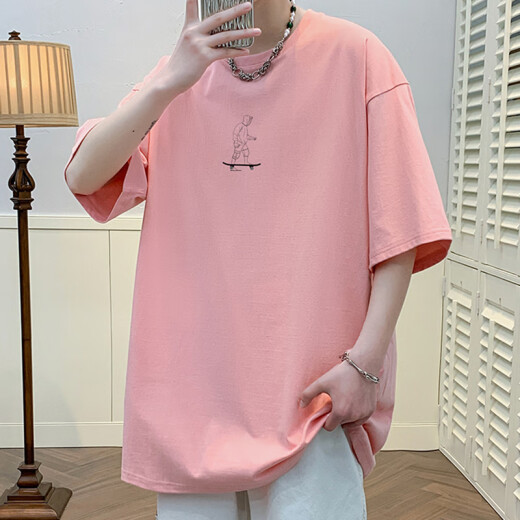 叮噜鱼宽松男士短袖重磅T恤男夏季港风上衣服凉感透气青少年五分半袖男t 3899粉红 3XL (约200-220斤可穿)