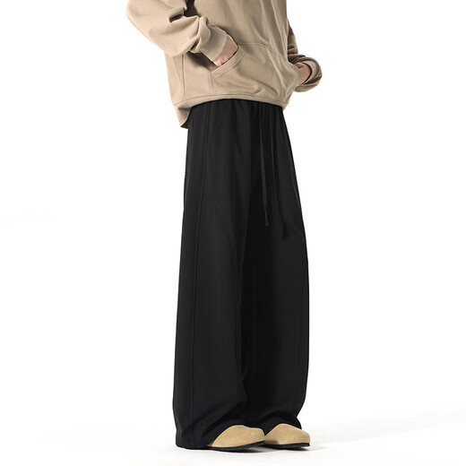 Homlean American solid color sports casual pants for autumn men's simple fashion loose straight wide leg long pants JX15 black XL