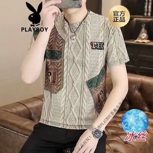 Playboy (Playboy) T-shirt masculin de Luxury Luxury Européen T-shirt Ribbed Men à manches courtes 2025 Nouvelle marque à la mode imprimant Khaki 368 à la mode à la mode [Ice Silk Ribbed] M 90-115Jin [Jin est égal à 0,5 kg]