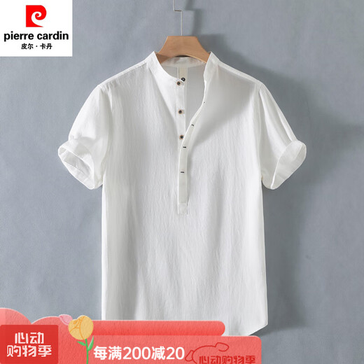 皮尔卡丹（pierre cardin）亨利领亚麻短袖衬衫男无领男士棉麻衬衣t恤上衣polo衫夏季中国风 黑色 3XL 均码