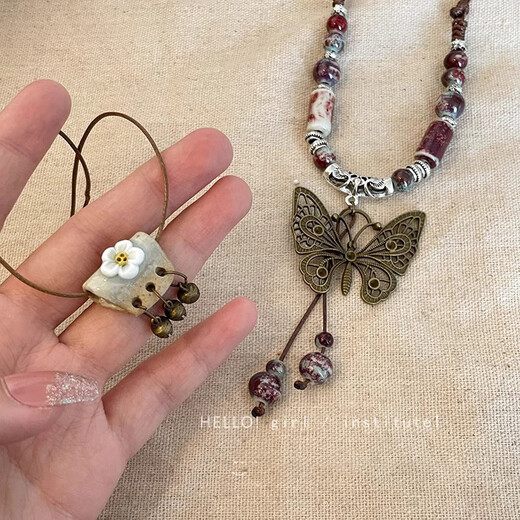Ethnic style necklace long new Chinese style pendant accessories retro bohemian resort style ceramic braided rope necklace for women reddish kiln enlarged butterfly/1 pack