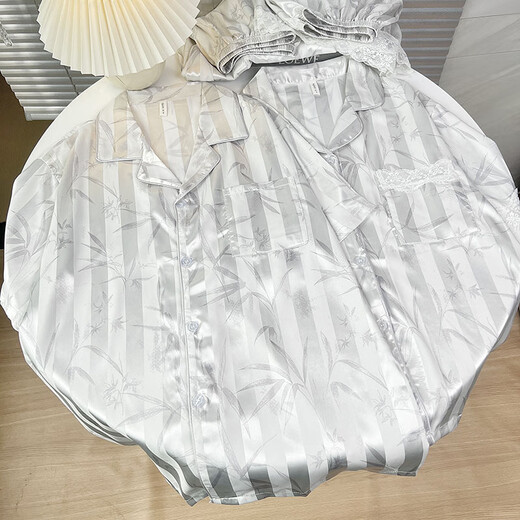
Couple pajamas for women in summer ice silk short sleeves 2025 new Korean style striped men's women's home clothing set KAD-13571 double short women M