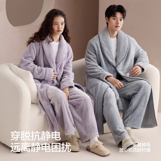 Hodo couple antistatic nightgown for women, coral velvet long pajamas, pajamas, thickened flannel warm home wear bathrobe for men, men's moon rock gray XL (175) men