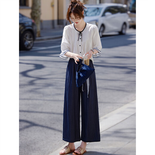 Awakening Paradise French Style Literary Style Round Neck Shirt Lace Tie High Waisted Wide Leg Pants Two-piece Commuting Suit Navy XL