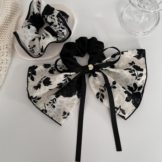 Garenbei French summer hair accessories new elegant flower ribbon bow retro large intestine hair ring high-end headwear headband for women ink hair ring white 1