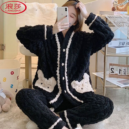 LangSha Coral Velvet Pajamas for Women in Autumn and Winter New Flannel Spring and Autumn Thickened Velvet Winter Home Suit Pajama Set 9901# Black [Thickened] M [70-95Jin[Jin equals 0.5 kg]]