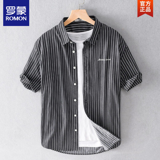 ROMON men's striped shirt short-sleeved loose summer thin Japanese casual all-match cotton shirt summer clothes 9740 white XL 130Jin Jin is equal to about 0.5 kg