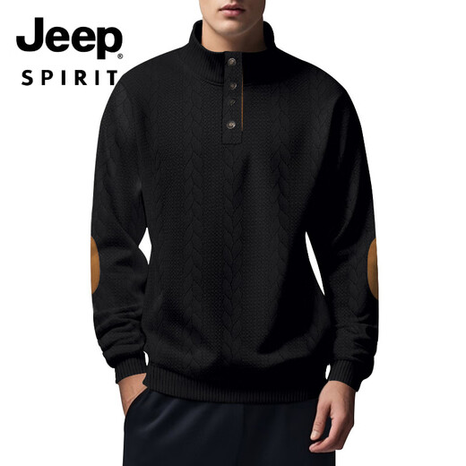 JEEP SPIRIT autumn and winter heavy jacquard men's American sweatshirt casual stand-up collar button placket long-sleeved henley shirt polar fleece jacket black S