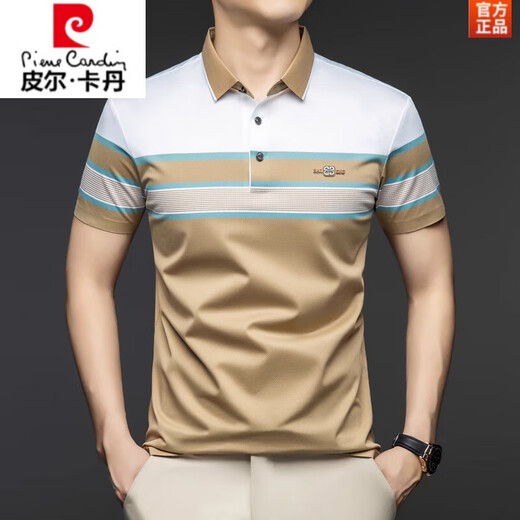 Pierre Cardin Mulberry Silk T-Shirt Herren kurzärmeliger Sommer neuer Stil mittleren Alters mittleren Alters mit halbärmeligem Eis Seiden-Revers-Polo-Hemd Herren-Top Khaki 3 EGR 9925 m (165)