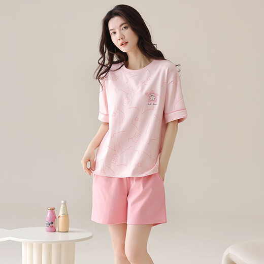 Yalu neuer Sommer reiner Baumwollpyjamas für Frauen rund Hals Kurzarm Shorts Home Kleidung Sommer dünne Cartoon Girl -Baumwollanzug 9853 m