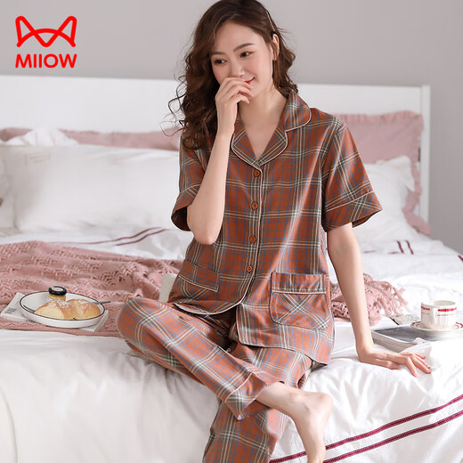 Catman (MiiOW) pajamas for women 2025 new summer short-sleeved trousers pure cotton summer large size women middle-aged mother home clothing set 9922 [pure cotton] [upgraded version] M [recommended 80-95 Jin [Jin equals 0.5 kg]]