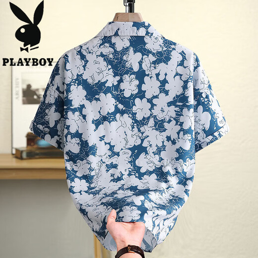 Playboy (Playboy) Hawaiian Flower Shirt Short Short Sum's Summer Ice Silk Fin Beach Couple Casual Shirt 6636 Taihu Green M