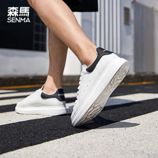 森馬（Senma）板鞋小白鞋男2025新款皮面纯色厚底休闲潮流透气男鞋百搭松糕 9227白黑色 35