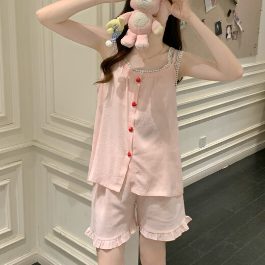 梦鸾吊带背心睡衣女夏季带胸垫2025新款蕾丝花边公主风甜美家居服套装 9226FE 爱心纽扣 粉色 M