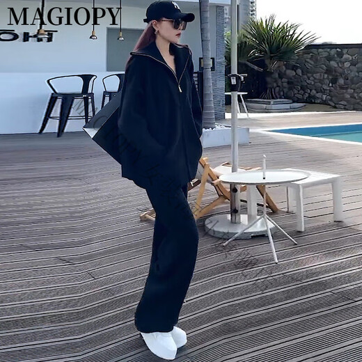 MAGIOPY国际奢侈高档品牌极简风黑色休闲运动套装女2025春季宽松显瘦韩版 黑色两件套 S(100斤以内)