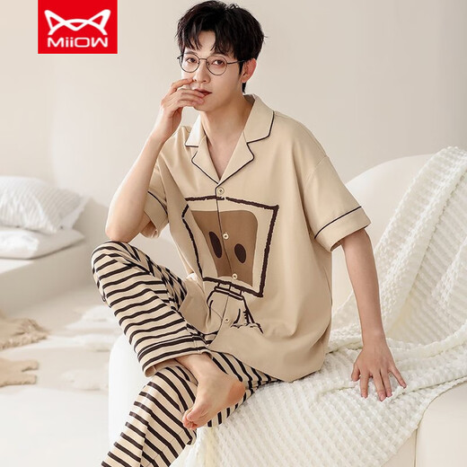 Catman miiow pyjamas de style chinois Men d'été coton pur pantalon à manches courtes adapter les hommes nouveaux cardigan chinois vêtements de maison d'été style mince -695 l