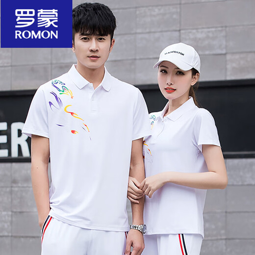 罗蒙（ROMON）夏季情侣短袖运动t恤男速干衣polo.衫长裤套装定制印logo工作服 9215红色(单衣T恤) S 女