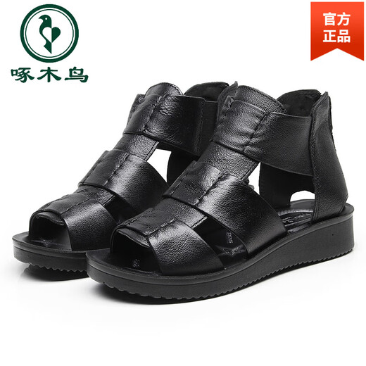 Spechts Sommer-Frauenschuhe Römische Sandalen echte wasserdichte Plattform flache Sohle mittleren Alters und ältere Mütter vielseitiger Fischmund Schwarz Arbeit Schuhe Kurzstiefel Schwarz 9901 35