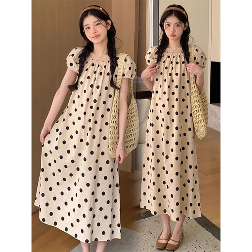 Yezhi maternity dress 2025 new polka dot dress loose belly-covering large size long skirt puff sleeve summer thin maternity skirt Polka dot maternity skirt [bee] XL size