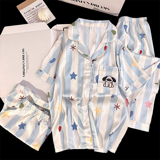 Internet-Promi Big Nase Dog Damen Ice Seide Pyjamas Sommer Dünne kurzärmelige Hose dreiteilige Dopamin gestreift