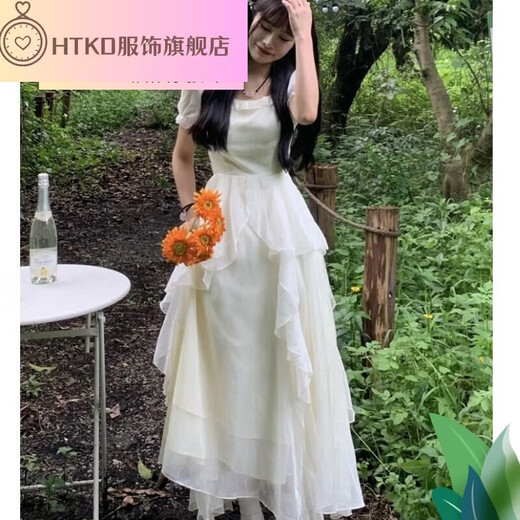 HTKD ESCAPED PRINCESS Vestido 2024 Nuevo diseño de vestido de novia de primavera de manga corta Sentí que la cintura abrazan el primer amor Gentle White Moonlight Off-White Vestido único M 100-110Jin [Jin iguala 0.5 kg]