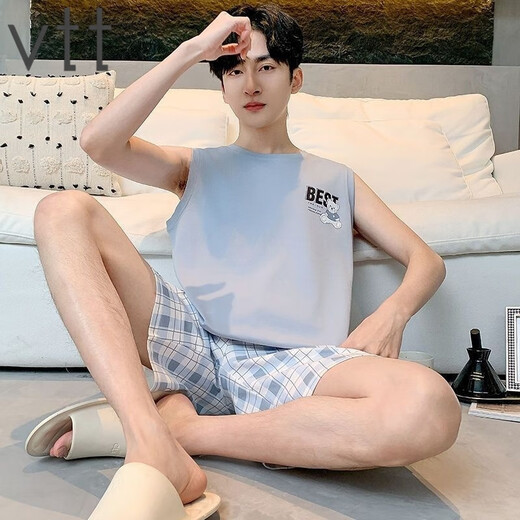 VTT男睡衣夏季无袖纯棉薄款背心短裤家居服宽松套装大码可外穿 V背心短裤：OMM13063 L